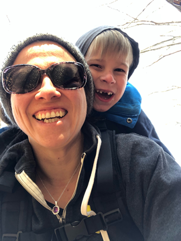 Nursing researcher Annie Papik (left) with her son John (right) on a hike in November 2020.
