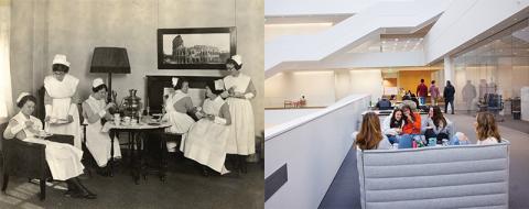 Side by side image, left black and white of nurses relaxing, right side modern students relaxing