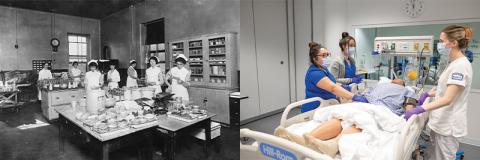 Side by Side, left black and white nurses cooking, right modern nurses in simulated hospital
