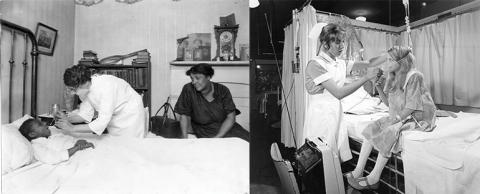 Side by side, left black and white nurses checking on patient, right nurse with young girl
