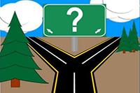 Cartoon photo of two roads splitting off to somewhere.