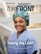 Forefront Magazine Cover Image with smiling nurse wearing blue scrubs