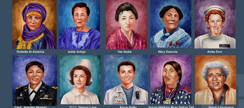 Collage of illustrated portraits of 10 nursing leaders throughout history.