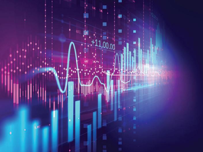 Graphic illustration of charts and data in blue on a background of light and dark purple hues.
