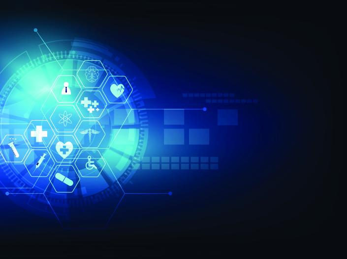 Black and blue graphic image with icons related to health and science.
