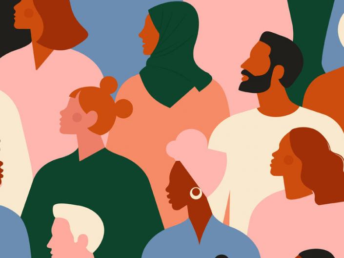 Illustrated collage of a diverse and multicultural group of people.