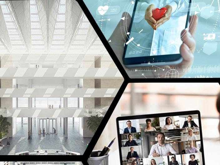 collaged image of HEC, a cellphone depicting a photo of a heart, and a zoom meeting on a computer