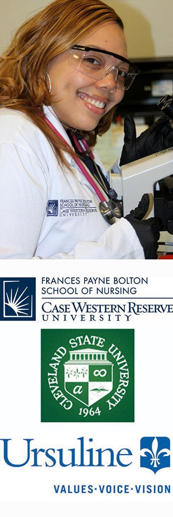 Photo of a CWRU FPB student smiling by a microscope.