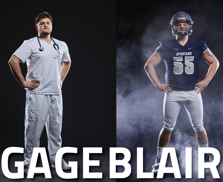 Two photo collage of nursing student-athlete Gage Blair, BSN. One photo he is wearing his nursing scrubs, and the other he is wearing his CWRU football gear.