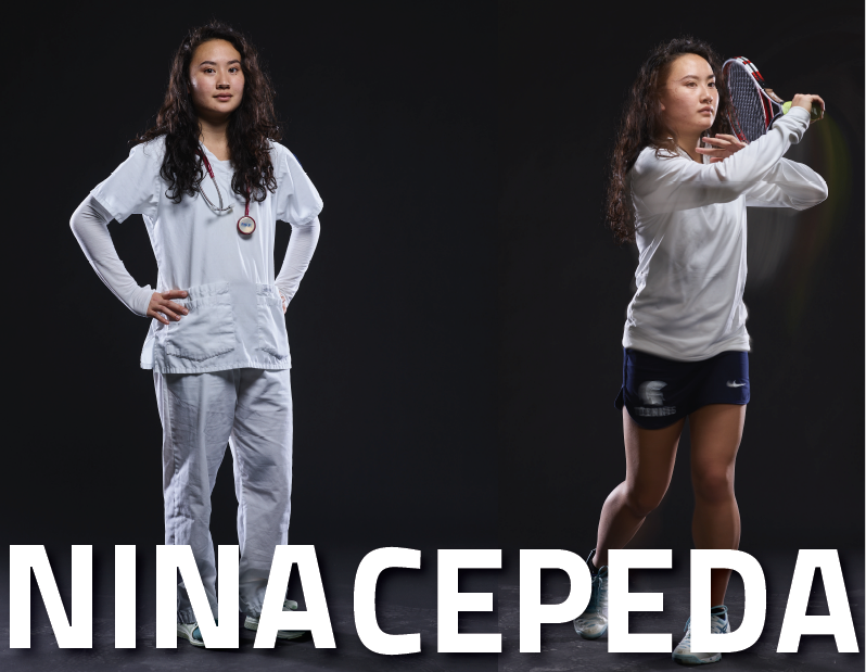 Two photo collage of nursing student-athlete Nina Cepeda. One picture is of Nina in her nursing scrubs, and the other is in her CWRU tennis gear.