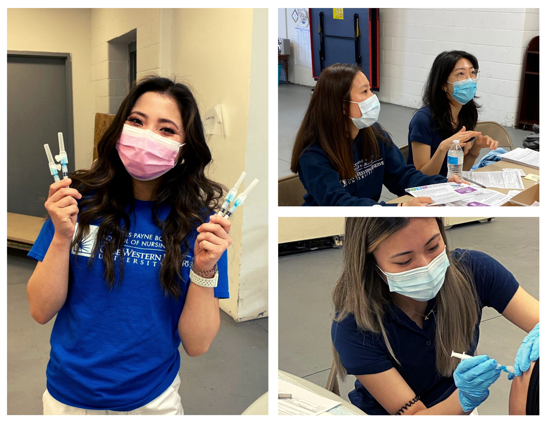 Collage of photos showing students volunteering at a COVID-19 vaccination clinic.