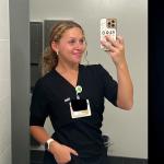 Diptych of a curly haired blonde girl, on the left wearing black scrubs, on the right in dancing outfit