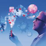 An illustration of a man holding a tube with ideas coming out of it