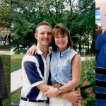 A triptych of three couples, two in graduation attire one couple in plain clothes, all smiling