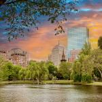 The City of Boston in spring, green trees and city skyline