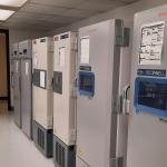 A row of gray machines, ultra low temperature freezers, inside the NRB lab space at CWRU