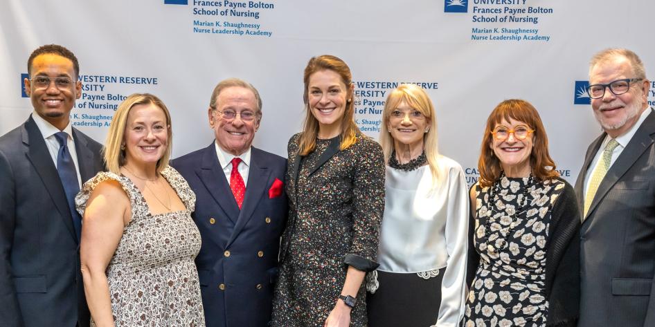 FPB Dean Ron Hickman, Anne S. Marchetto, Micheal Shaughnessy, Kate Shaughnessy Biggar, Joyce Fitzpatrick, Karen Kaler, CWRU President, Eric Kaler