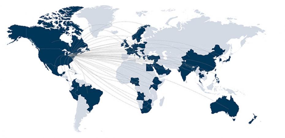 World map depicting where current CWRU FPB students and alumni have traveled.