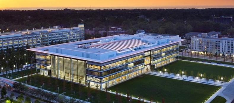 Image of the Health Education Campus at Case Western Reserve University at night.