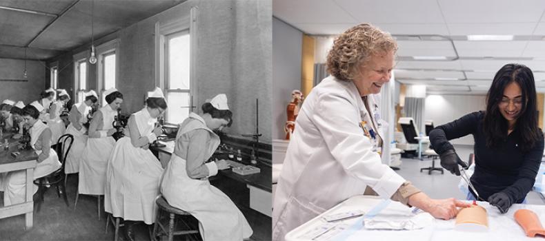 Side by side images, left black and white room of nurses, right is a modern classroom with teacher and student