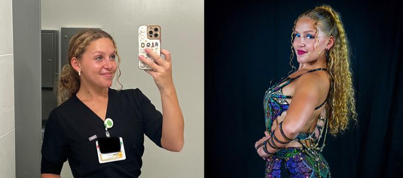 Diptych of a curly haired blonde girl, on the left wearing black scrubs, on the right in dancing outfit