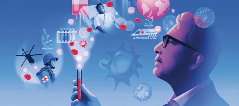An illustration of a man holding a tube with ideas coming out of it