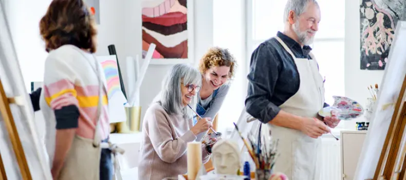 Stock image of older people doing various activities like painting