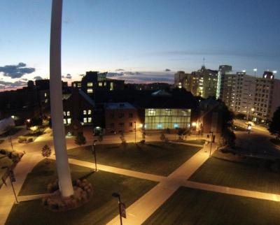 An overhead view of 121 Fitness Center at Case Western Reserve University at night