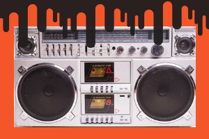 orange background black drip coming from top, old boom box stereo