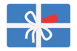 Picture of a gift card in blue with white ribbon
