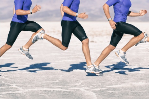 Various forms of a running gait with male runner in shorts