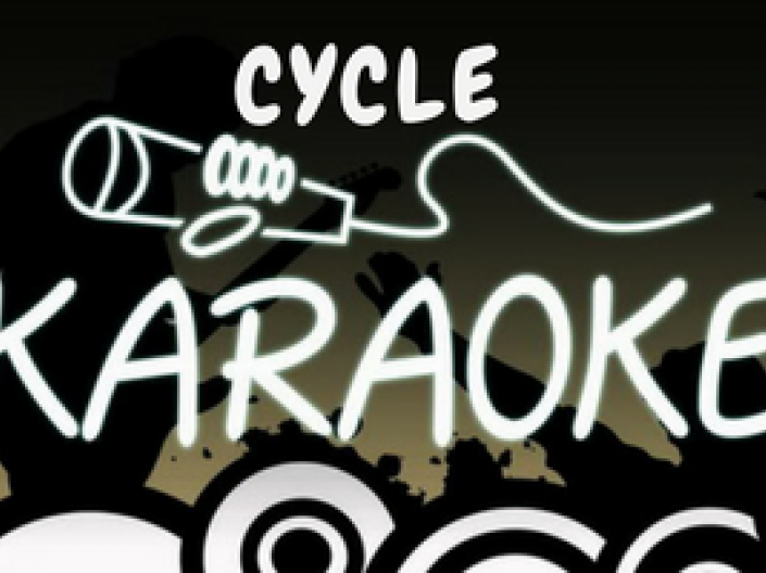A hand holding a microphone with the text "Cycle Karoke"