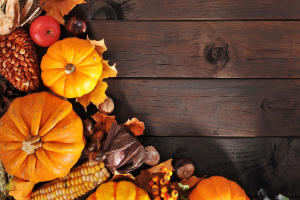 Fall food decorations on wood background