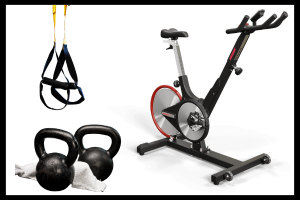 TRX straps, kettlebells with a towel, keiser cycle bike