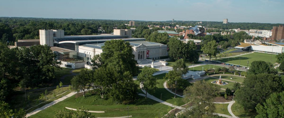 Aerial view of Nord Family Greenway, showing Cleveland Museum of Art and TInkham Veale University Center