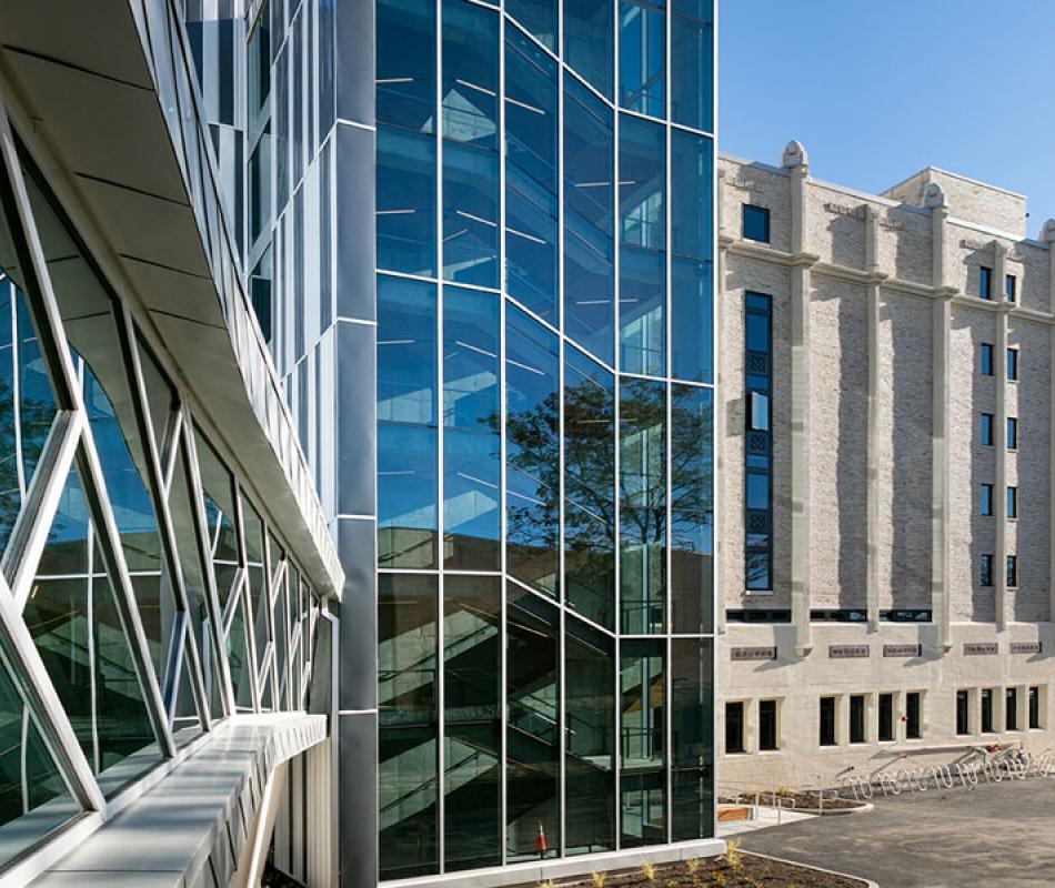Exterior of the Richey-Mixon Building and Sears think[box] at Case Western Reserve University