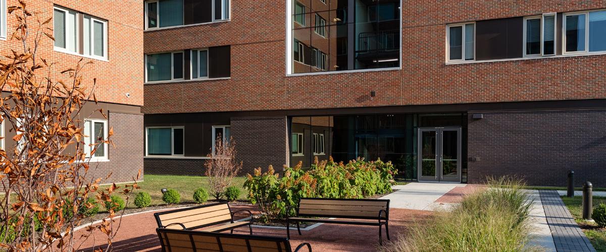 Exterior view of courtyard at Stephanie Tubbs Jones Hall