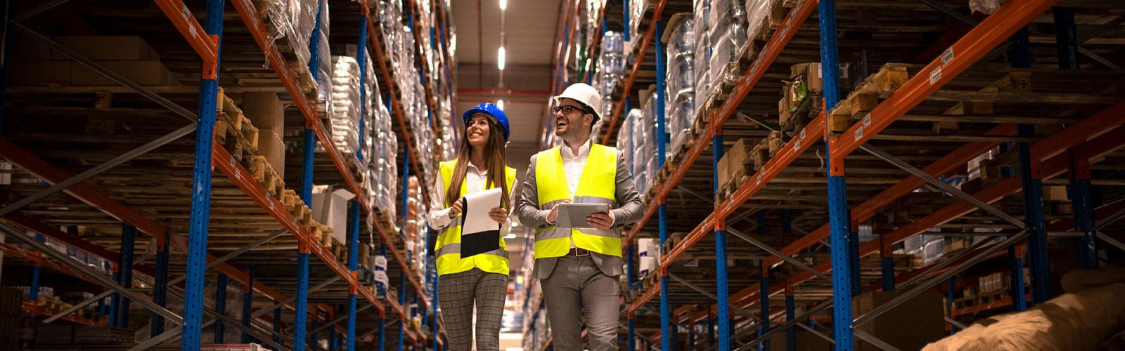 Two supply chain students walking in a warehouse