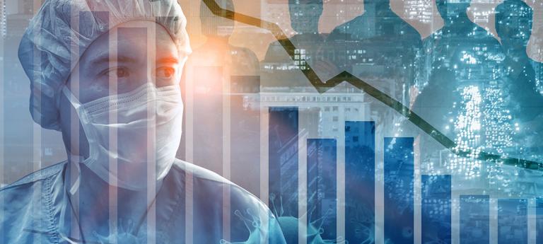 An image of a doctor in a mask overlaid with data presented in columns