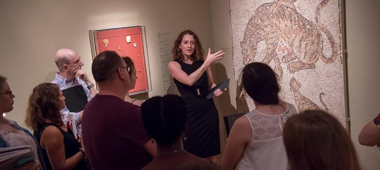 A professor talking about a mosaic in the Cleveland Art Museum
