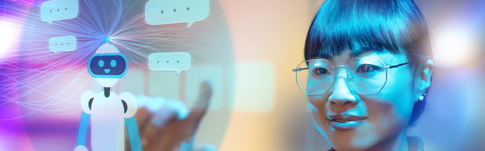 A close-up of a woman with glasses looking at a glowing, futuristic interface.