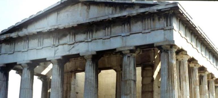 Complete shot of the west side of the Hephaisteion, a Greek temple in Athens