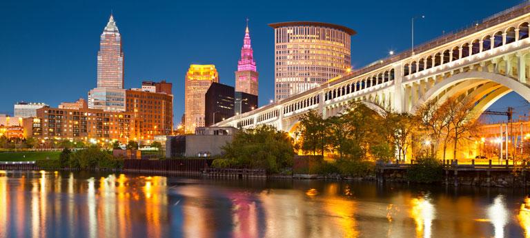 Skyline of Cleveland at dusk