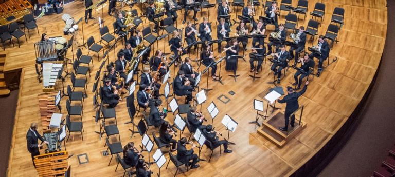 overhead view of a CWRU music ensemble performing in the Maltz Center