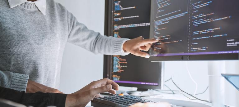 Image of a faculty member teaching a data science student