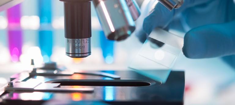 A close-up of a researcher placing a film under the microscope