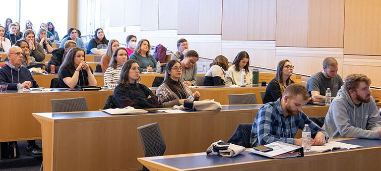 Students sitting at rows of desks in a classroom
