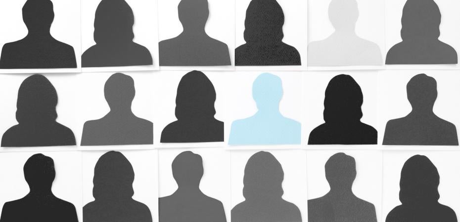 Silhouettes of people in gray and blue tones
