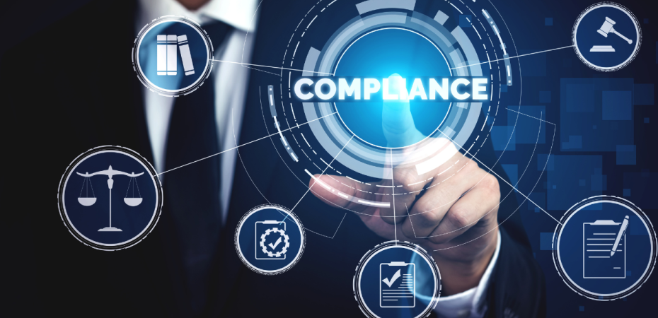 A man's finger pointing to the word "compliance"