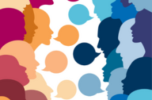 Stylized faces of people looking at each other with thought bubbles in-between.